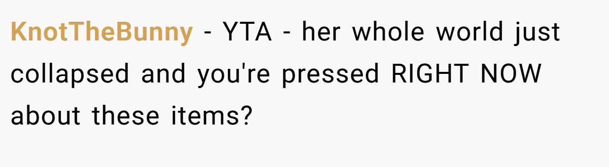 KnotTheBunny − YTA - her whole world just collapsed and you're pressed RIGHT NOW about these items?