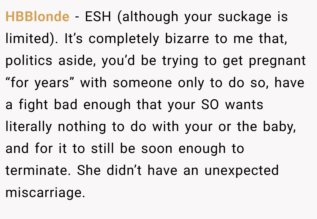 HBBlonde − ESH (although your suckage is limited). It’s completely bizarre to me that, politics aside, you’d be trying to get pregnant “for years” with someone only to do so, have a fight bad enough that your SO wants literally nothing to do with your or the baby, and for it to still be soon enough to terminate. She didn’t have an unexpected miscarriage.