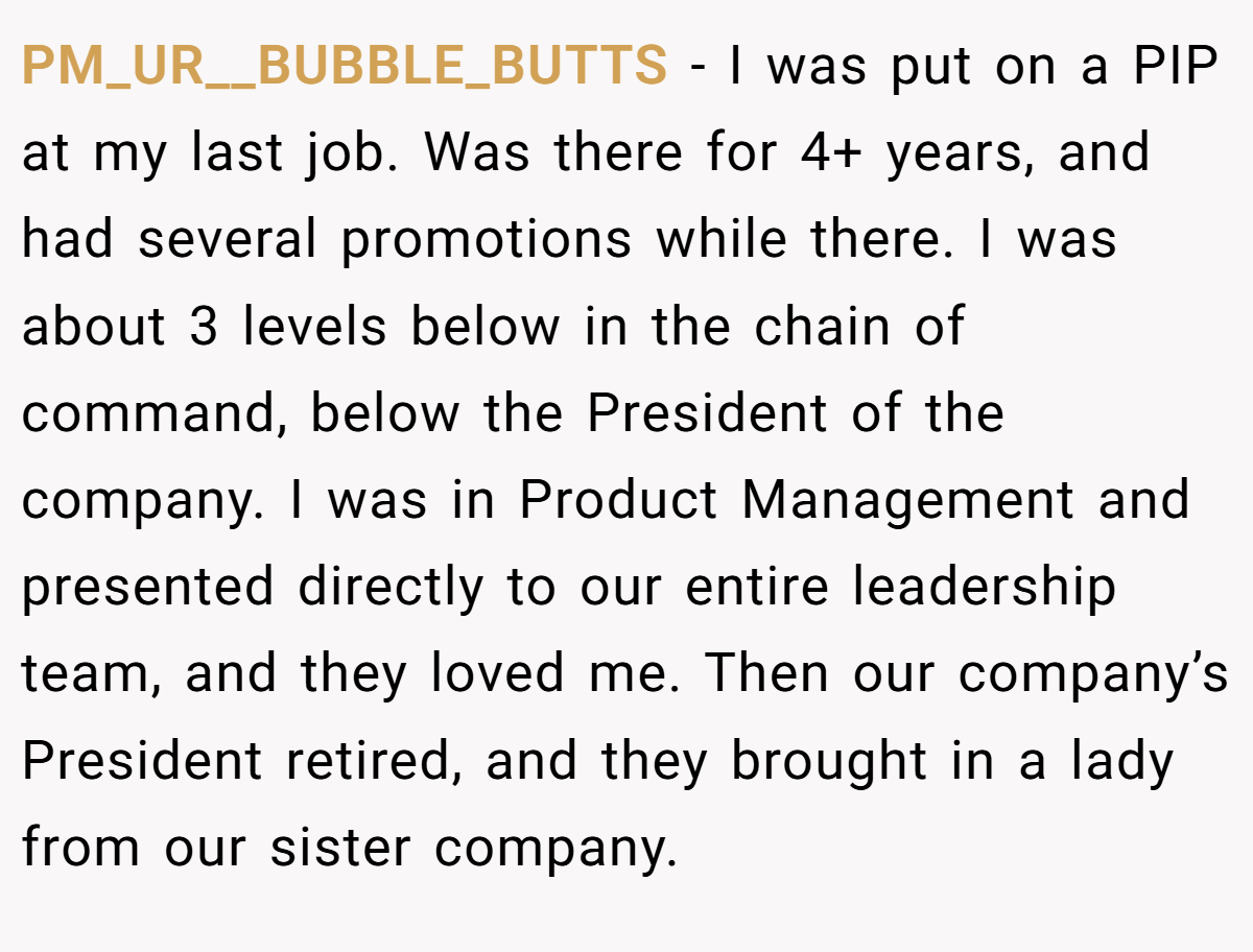 PM_UR__BUBBLE_BUTTS − I was put on a PIP at my last job. Was there for 4+ years, and had several promotions while there. I was about 3 levels below in the chain of command, below the President of the company. I was in Product Management and presented directly to our entire leadership team, and they loved me. Then our company’s President retired, and they brought in a lady from our sister company.
