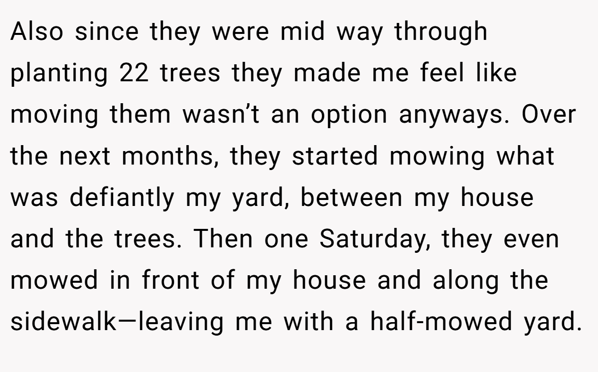 Also since they were mid way through planting 22 trees they made me feel like moving them wasn’t an option anyways. Over the next months, they started mowing what was defiantly my yard, between my house and the trees. Then one Saturday, they even mowed in front of my house and along the sidewalk—leaving me with a half-mowed yard.