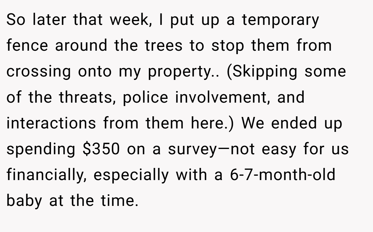 So later that week, I put up a temporary fence around the trees to stop them from crossing onto my property.. (Skipping some of the threats, police involvement, and interactions from them here.) We ended up spending $350 on a survey—not easy for us financially, especially with a 6-7-month-old baby at the time.
