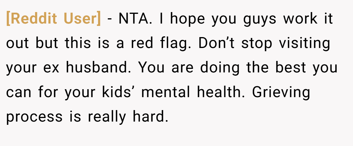 [Reddit User] − NTA. I hope you guys work it out but this is a red flag. Don’t stop visiting your ex husband. You are doing the best you can for your kids’ mental health. Grieving process is really hard.