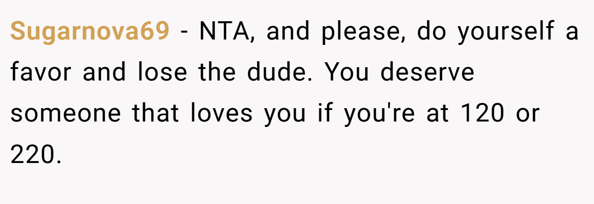 Sugarnova69 − NTA, and please, do yourself a favor and lose the dude. You deserve someone that loves you if you're at 120 or 220.