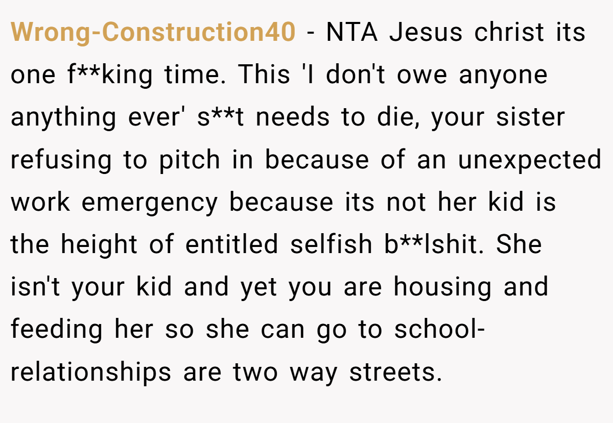 Wrong-Construction40 − NTA Jesus christ its one f**king time. This 'I don't owe anyone anything ever' s**t needs to die, your sister refusing to pitch in because of an unexpected work emergency because its not her kid is the height of entitled selfish b**lshit. She isn't your kid and yet you are housing and feeding her so she can go to school- relationships are two way streets.