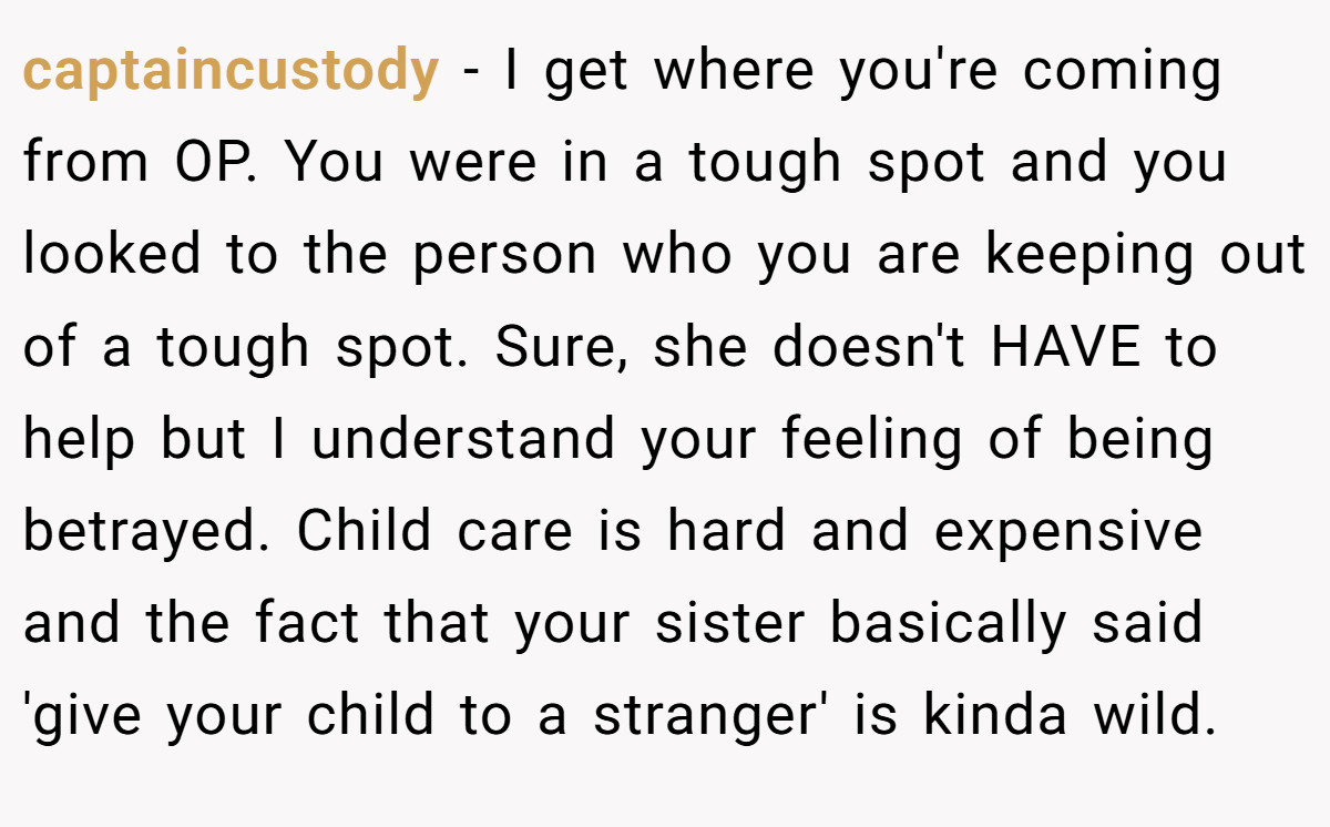captaincustody − I get where you're coming from OP. You were in a tough spot and you looked to the person who you are keeping out of a tough spot. Sure, she doesn't HAVE to help but I understand your feeling of being betrayed. Child care is hard and expensive and the fact that your sister basically said 'give your child to a stranger' is kinda wild.