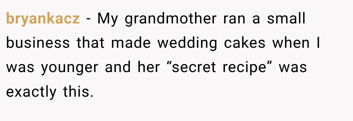 bryankacz − My grandmother ran a small business that made wedding cakes when I was younger and her “secret recipe” was exactly this.