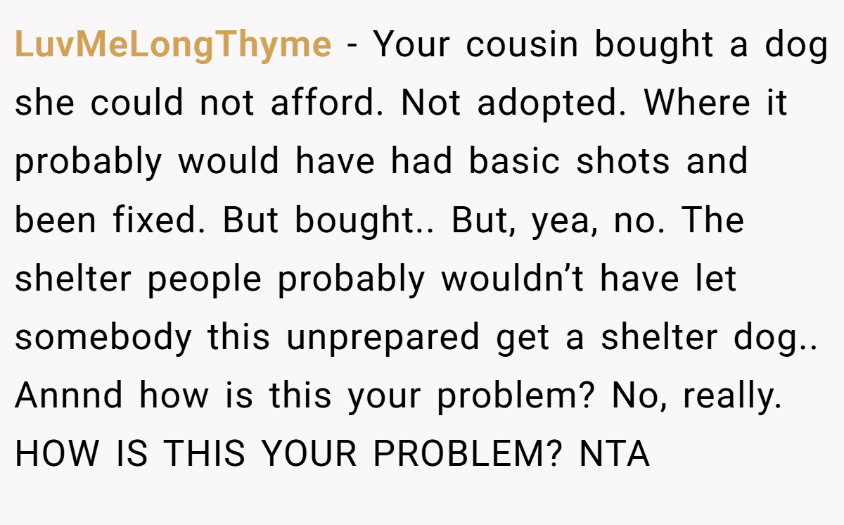 LuvMeLongThyme - Your cousin bought a dog she could not afford. Not adopted. Where it probably would have had basic shots and been fixed. But bought.. But, yea, no. The shelter people probably wouldn’t have let somebody this unprepared get a shelter dog.. Annnd how is this your problem? No, really. HOW IS THIS YOUR PROBLEM? NTA