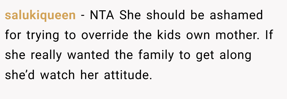 salukiqueen - NTA She should be ashamed for trying to override the kids own mother. If she really wanted the family to get along she’d watch her attitude.