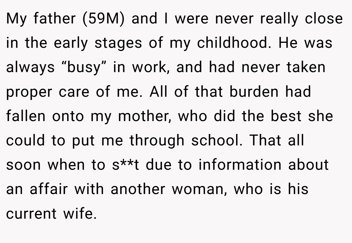My father (59M) and I were never really close in the early stages of my childhood. He was always “busy” in work, and had never taken proper care of me. All of that burden had fallen onto my mother, who did the best she could to put me through school. That all soon when to s**t due to information about an affair with another woman, who is his current wife.