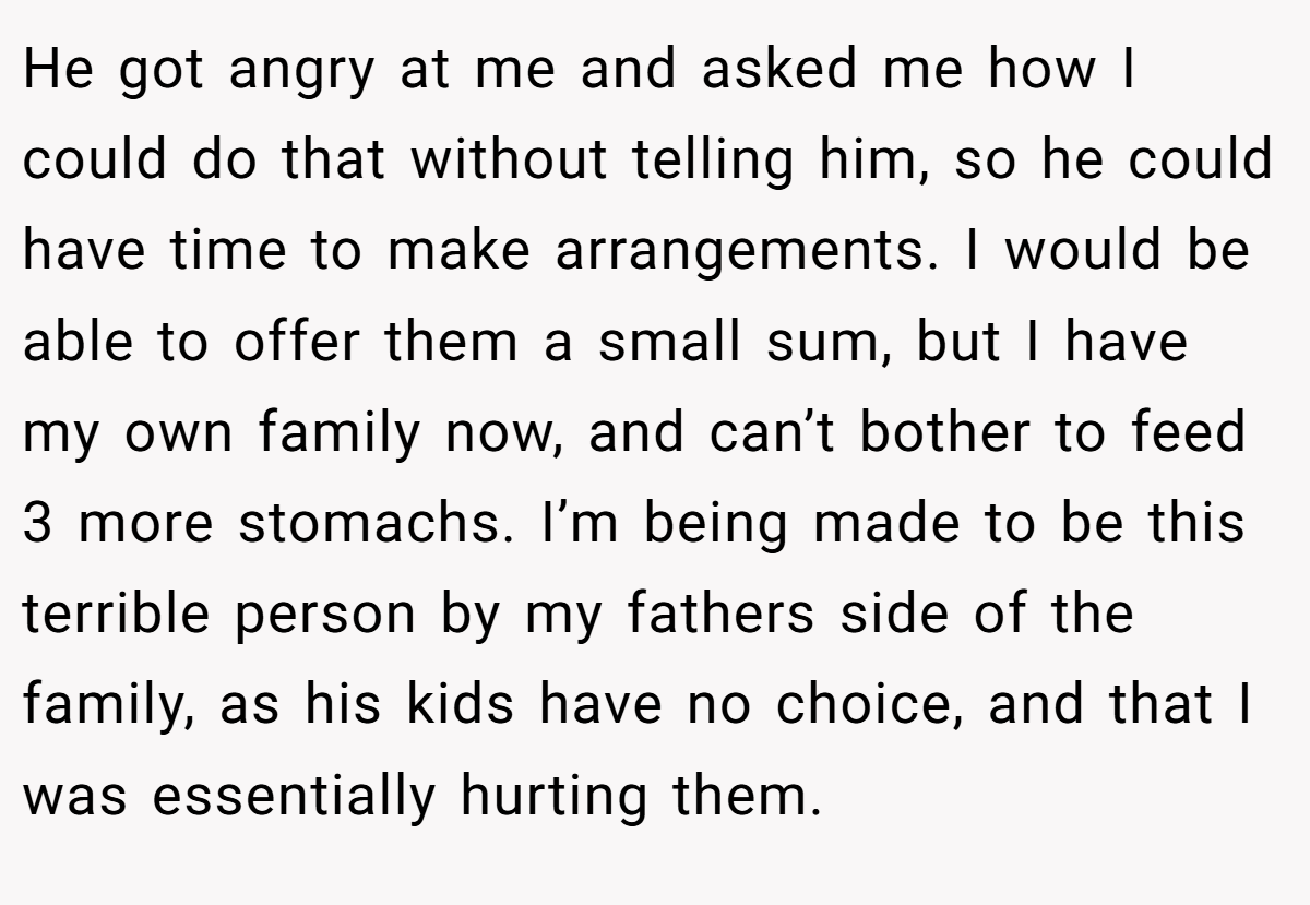 He got angry at me and asked me how I could do that without telling him, so he could have time to make arrangements. I would be able to offer them a small sum, but I have my own family now, and can’t bother to feed 3 more stomachs. I’m being made to be this terrible person by my fathers side of the family, as his kids have no choice, and that I was essentially hurting them.