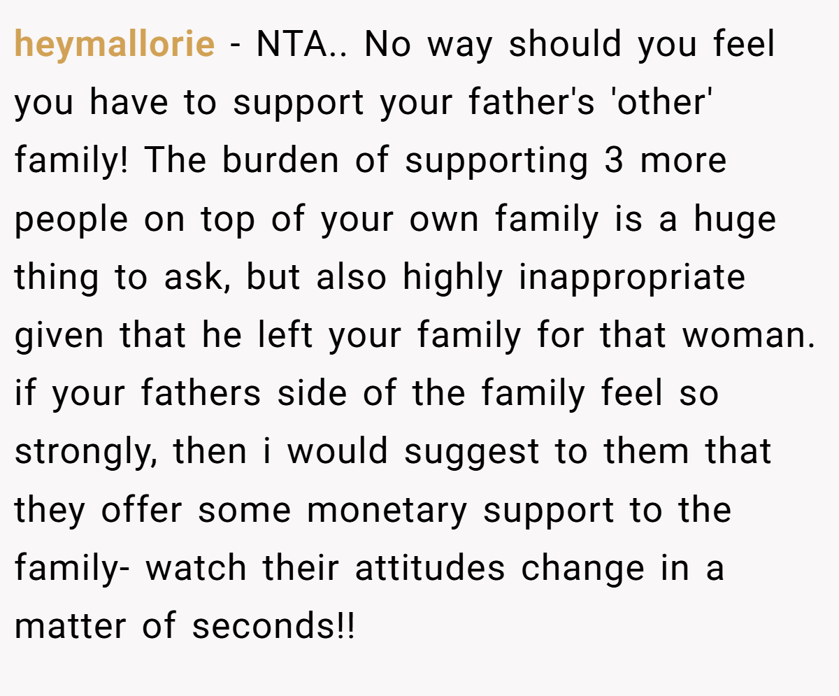 heymallorie − NTA.. No way should you feel you have to support your father's 'other' family! The burden of supporting 3 more people on top of your own family is a huge thing to ask, but also highly inappropriate given that he left your family for that woman. if your fathers side of the family feel so strongly, then i would suggest to them that they offer some monetary support to the family- watch their attitudes change in a matter of seconds!!