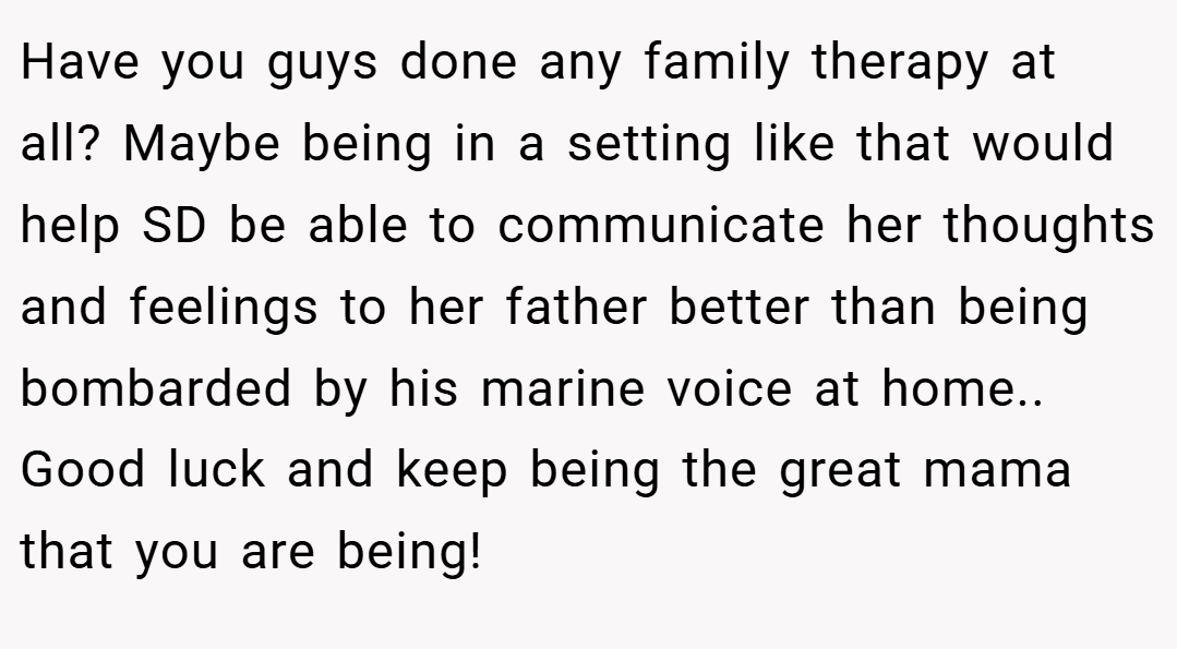 Have you guys done any family therapy at all? Maybe being in a setting like that would help SD be able to communicate her thoughts and feelings to her father better than being bombarded by his marine voice at home.. Good luck and keep being the great mama that you are being!