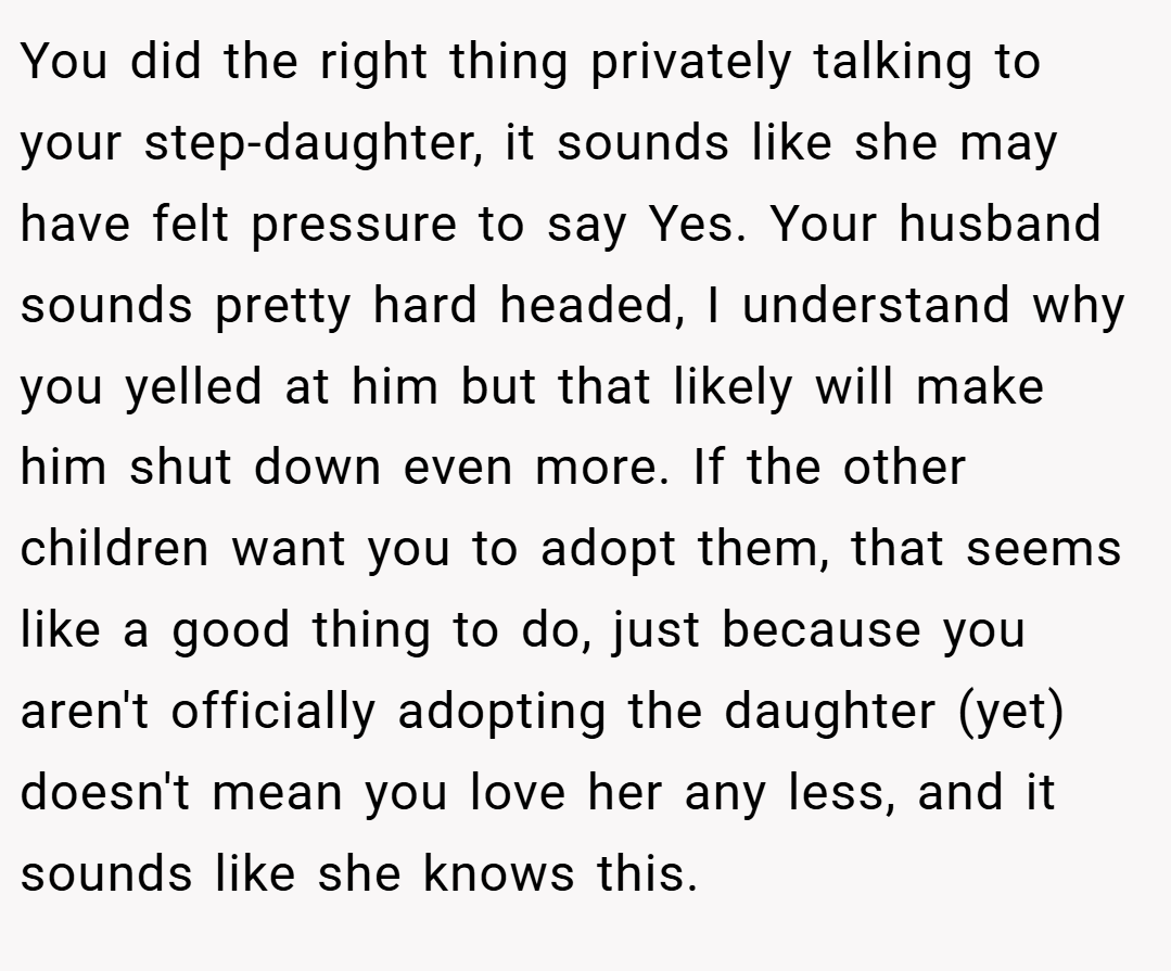 You did the right thing privately talking to your step-daughter, it sounds like she may have felt pressure to say Yes. Your husband sounds pretty hard headed, I understand why you yelled at him but that likely will make him shut down even more. If the other children want you to adopt them, that seems like a good thing to do, just because you aren't officially adopting the daughter (yet) doesn't mean you love her any less, and it sounds like she knows this.