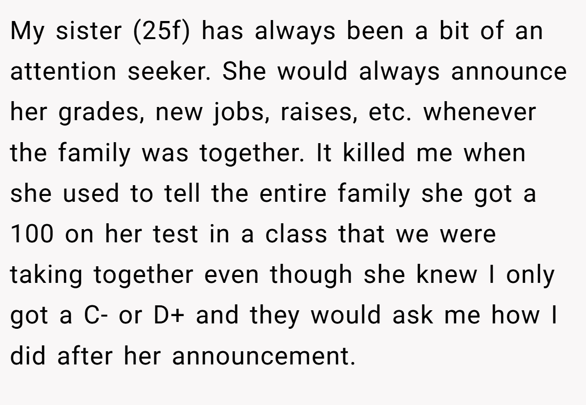 My sister (25f) has always been a bit of an attention seeker. She would always announce her grades, new jobs, raises, etc. whenever the family was together. It killed me when she used to tell the entire family she got a 100 on her test in a class that we were taking together even though she knew I only got a C- or D+ and they would ask me how I did after her announcement.