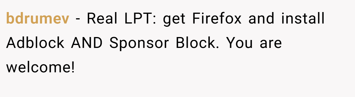 bdrumev − Real LPT: get Firefox and install Adblock AND Sponsor Block. You are welcome!