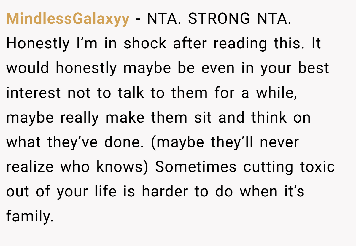 MindlessGalaxyy - NTA. STRONG NTA. Honestly I’m in shock after reading this. It would honestly maybe be even in your best interest not to talk to them for a while, maybe really make them sit and think on what they’ve done. (maybe they’ll never realize who knows) Sometimes cutting toxic out of your life is harder to do when it’s family.