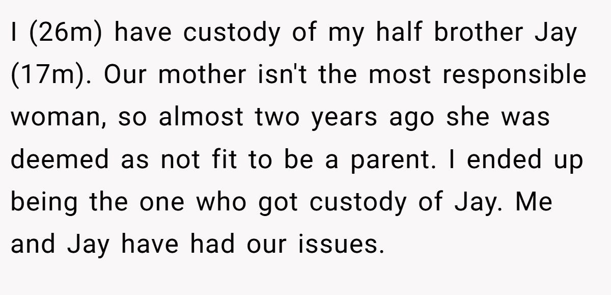 I (26m) have custody of my half brother Jay (17m). Our mother isn't the most responsible woman, so almost two years ago she was deemed as not fit to be a parent. I ended up being the one who got custody of Jay. Me and Jay have had our issues.