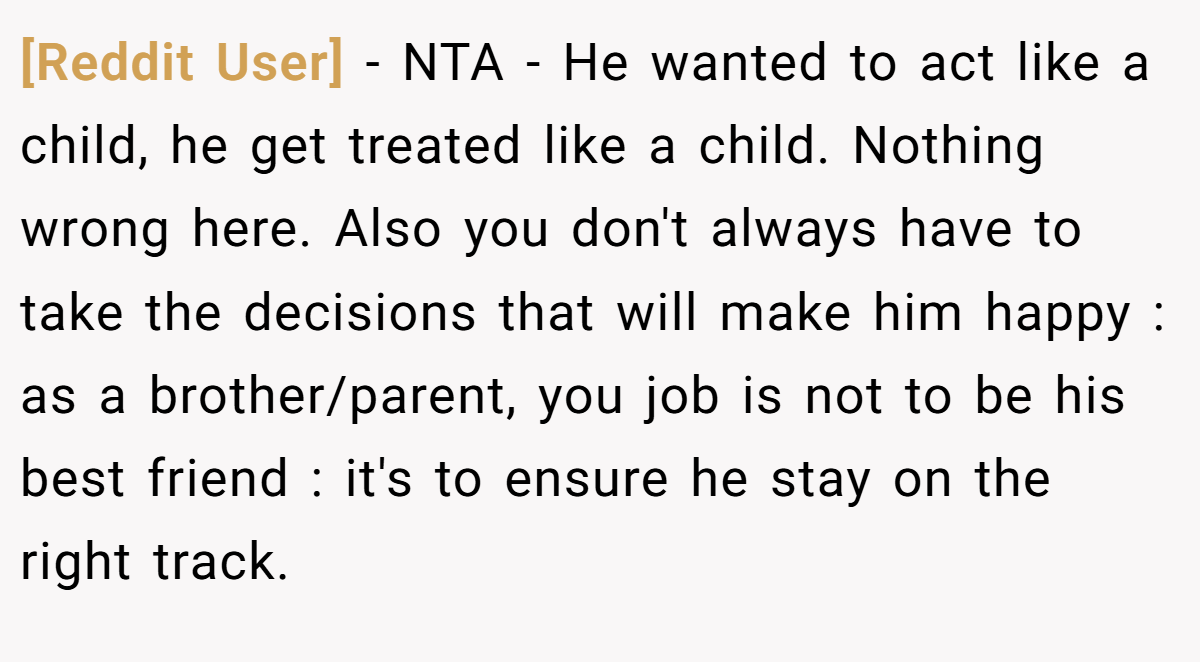 [Reddit User] - NTA - He wanted to act like a child, he get treated like a child. Nothing wrong here. Also you don't always have to take the decisions that will make him happy : as a brother/parent, you job is not to be his best friend : it's to ensure he stay on the right track.