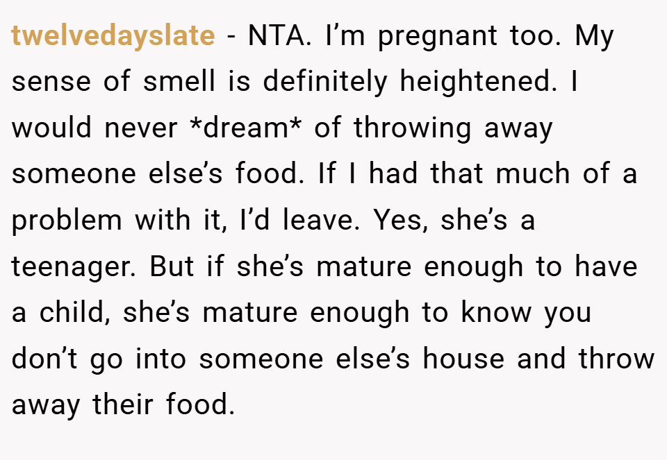 twelvedayslate − NTA. I’m pregnant too. My sense of smell is definitely heightened. I would never *dream* of throwing away someone else’s food. If I had that much of a problem with it, I’d leave. Yes, she’s a teenager. But if she’s mature enough to have a child, she’s mature enough to know you don’t go into someone else’s house and throw away their food.