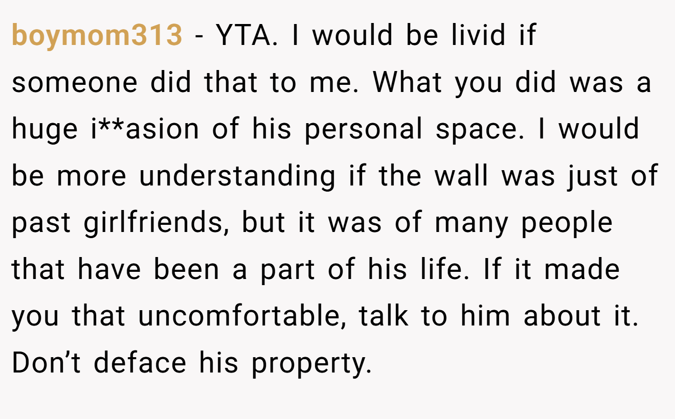 boymom313 - YTA. I would be livid if someone did that to me. What you did was a huge i**asion of his personal space. I would be more understanding if the wall was just of past girlfriends, but it was of many people that have been a part of his life. If it made you that uncomfortable, talk to him about it. Don’t deface his property.