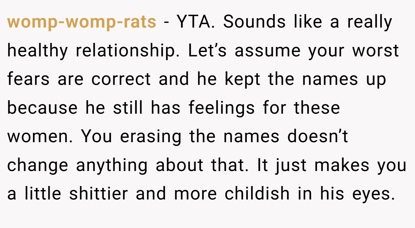 womp-womp-rats - YTA. Sounds like a really healthy relationship. Let’s assume your worst fears are correct and he kept the names up because he still has feelings for these women. You erasing the names doesn’t change anything about that. It just makes you a little shittier and more childish in his eyes.