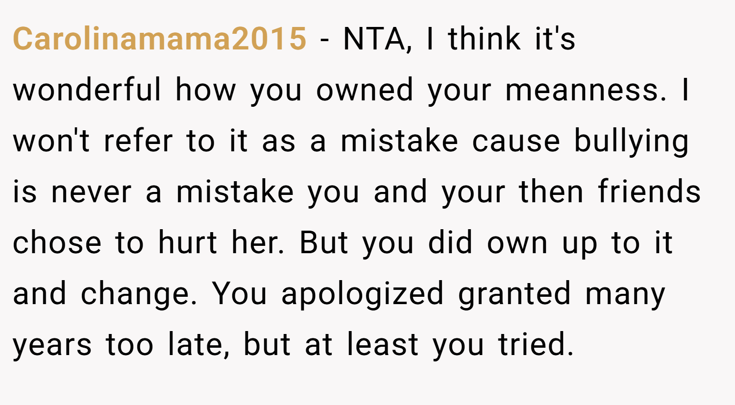 Carolinamama2015 − NTA, I think it's wonderful how you owned your meanness. I won't refer to it as a mistake cause bullying is never a mistake you and your then friends chose to hurt her. But you did own up to it and change. You apologized granted many years too late, but at least you tried.