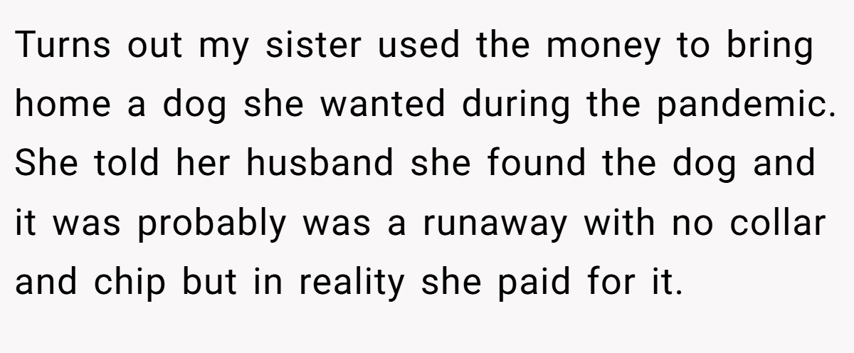 Turns out my sister used the money to bring home a dog she wanted during the pandemic. She told her husband she found the dog and it was probably was a runaway with no collar and chip but in reality she paid for it.