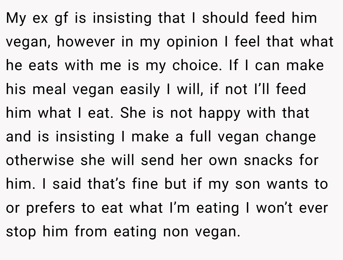 My ex gf is insisting that I should feed him vegan, however in my opinion I feel that what he eats with me is my choice. If I can make his meal vegan easily I will, if not I’ll feed him what I eat. She is not happy with that and is insisting I make a full vegan change otherwise she will send her own snacks for him. I said that’s fine but if my son wants to or prefers to eat what I’m eating I won’t ever stop him from eating non vegan.