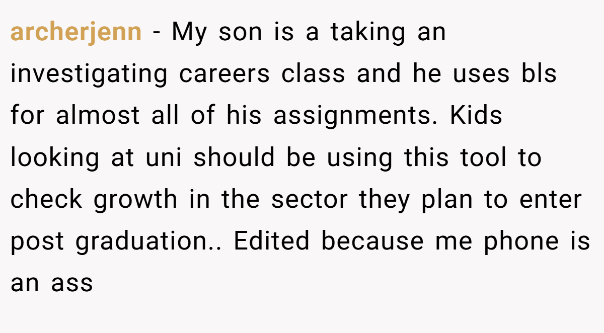 archerjenn − My son is a taking an investigating careers class and he uses bls for almost all of his assignments. Kids looking at uni should be using this tool to check growth in the sector they plan to enter post graduation.. Edited because me phone is an ass