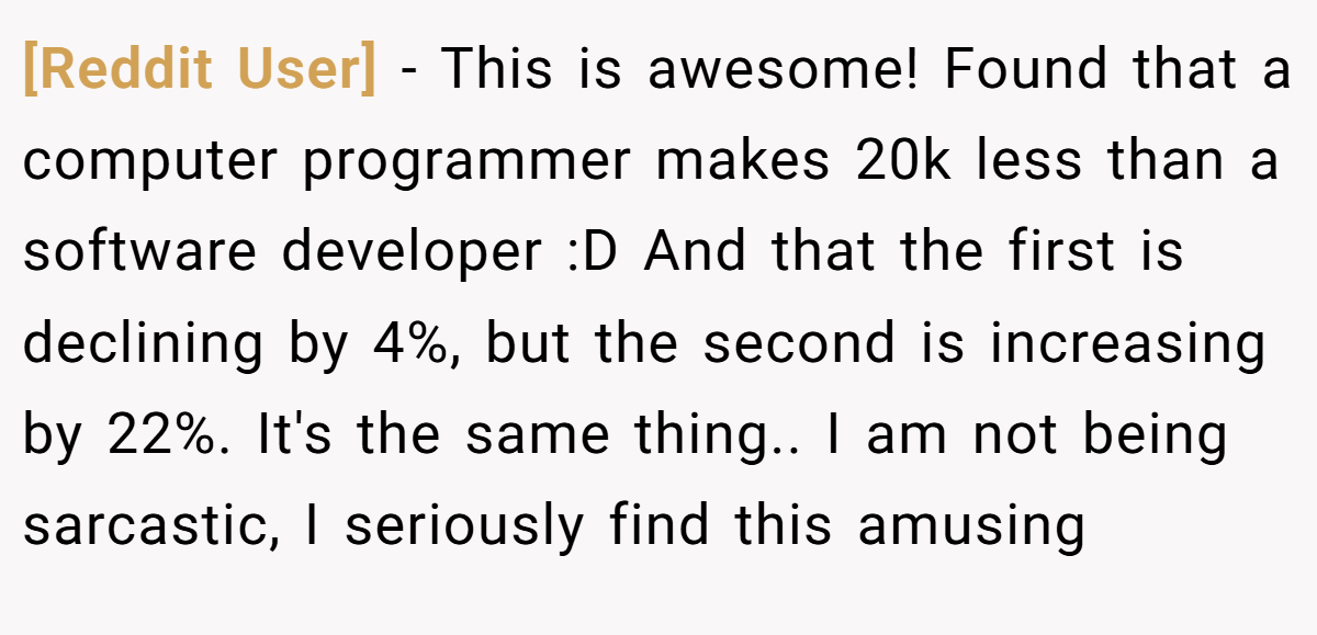 [Reddit User] − This is awesome! Found that a computer programmer makes 20k less than a software developer :D And that the first is declining by 4%, but the second is increasing by 22%. It's the same thing.. I am not being sarcastic, I seriously find this amusing