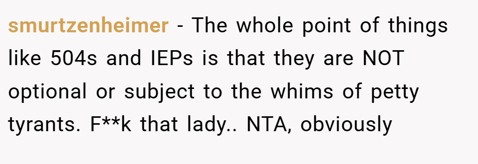 smurtzenheimer − The whole point of things like 504s and IEPs is that they are NOT optional or subject to the whims of petty tyrants. F**k that lady.. NTA, obviously
