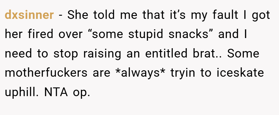 dxsinner − She told me that it’s my fault I got her fired over “some stupid snacks” and I need to stop raising an entitled brat.. Some motherfuckers are *always* tryin to iceskate uphill. NTA op.