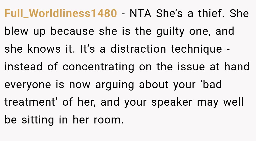 Full_Worldliness1480 − NTA She’s a thief. She blew up because she is the guilty one, and she knows it. It’s a distraction technique - instead of concentrating on the issue at hand everyone is now arguing about your ‘bad treatment’ of her, and your speaker may well be sitting in her room.
