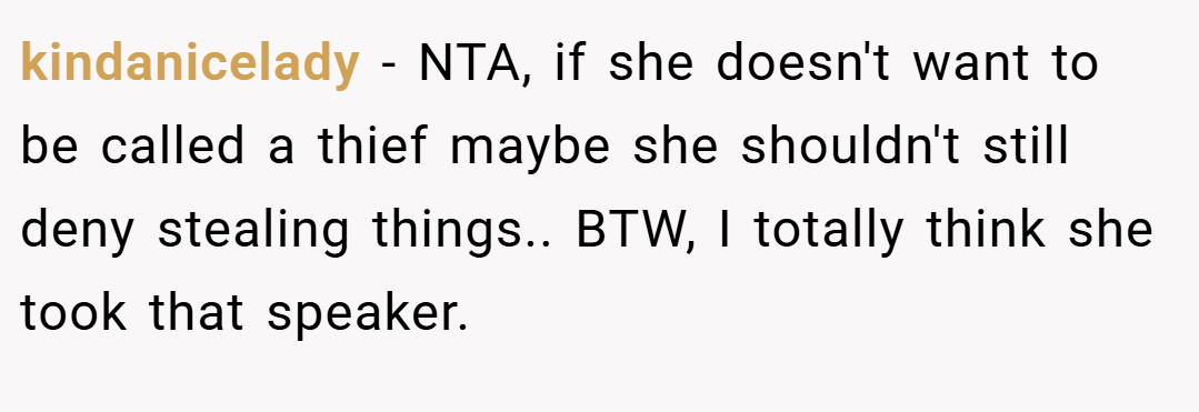kindanicelady − NTA, if she doesn't want to be called a thief maybe she shouldn't still deny stealing things.. BTW, I totally think she took that speaker.