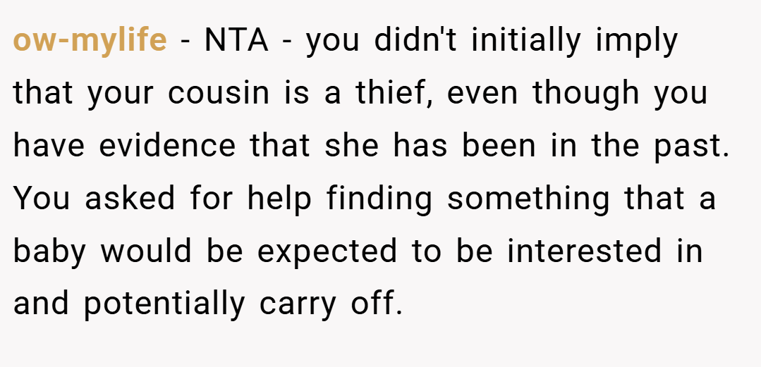 ow-mylife − NTA - you didn't initially imply that your cousin is a thief, even though you have evidence that she has been in the past. You asked for help finding something that a baby would be expected to be interested in and potentially carry off.