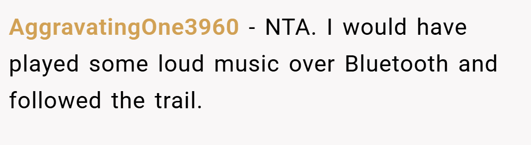 AggravatingOne3960 − NTA. I would have played some loud music over Bluetooth and followed the trail.