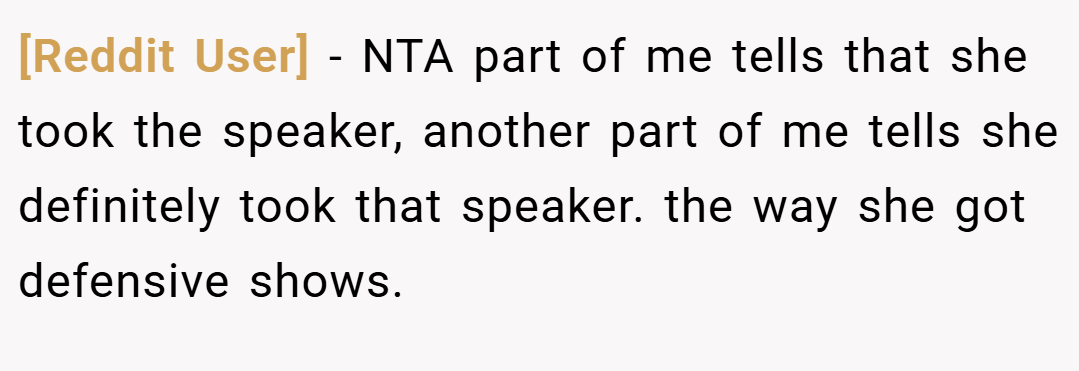 [Reddit User] − NTA part of me tells that she took the speaker, another part of me tells she definitely took that speaker. the way she got defensive shows.