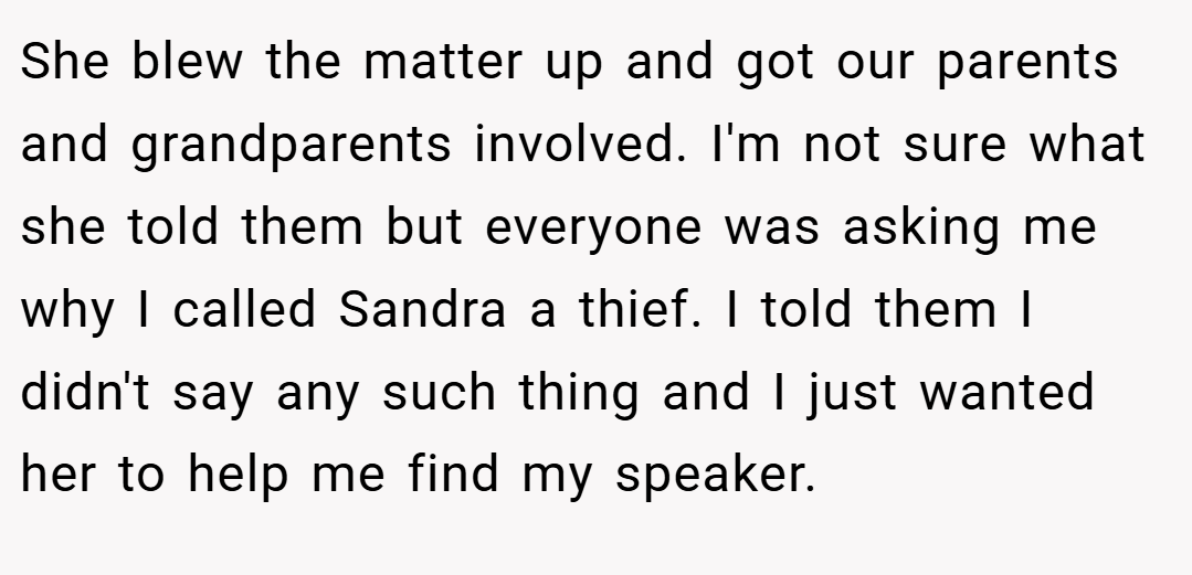 She blew the matter up and got our parents and grandparents involved. I'm not sure what she told them but everyone was asking me why I called Sandra a thief. I told them I didn't say any such thing and I just wanted her to help me find my speaker.
