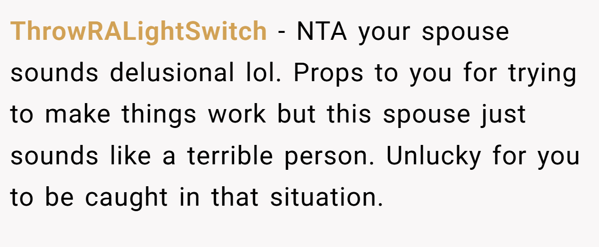 ThrowRALightSwitch − NTA your spouse sounds delusional lol. Props to you for trying to make things work but this spouse just sounds like a terrible person. Unlucky for you to be caught in that situation.