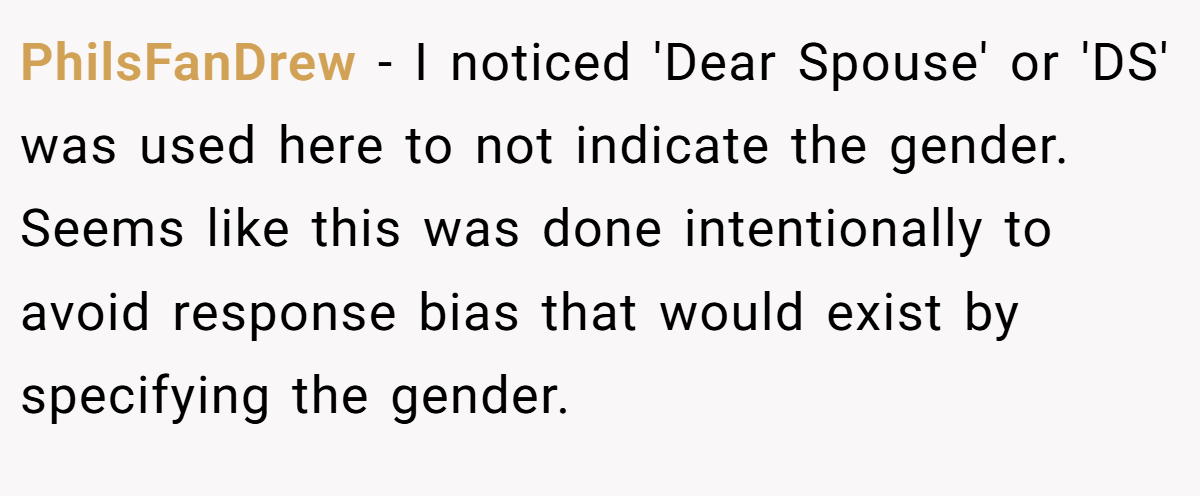 PhilsFanDrew − I noticed 'Dear Spouse' or 'DS' was used here to not indicate the gender. Seems like this was done intentionally to avoid response bias that would exist by specifying the gender.
