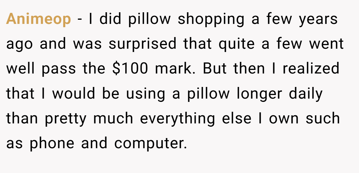 Animeop − I did pillow shopping a few years ago and was surprised that quite a few went well pass the $100 mark. But then I realized that I would be using a pillow longer daily than pretty much everything else I own such as phone and computer.