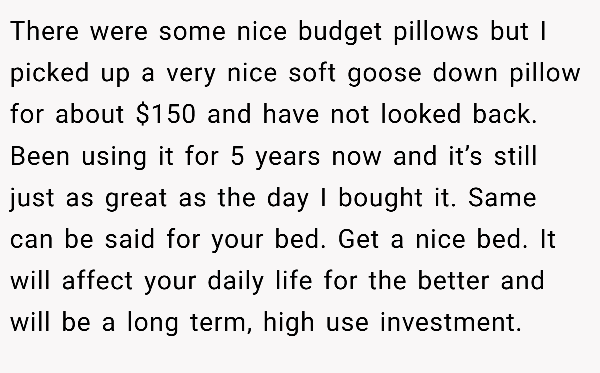 There were some nice budget pillows but I picked up a very nice soft goose down pillow for about $150 and have not looked back. Been using it for 5 years now and it’s still just as great as the day I bought it. Same can be said for your bed. Get a nice bed. It will affect your daily life for the better and will be a long term, high use investment.