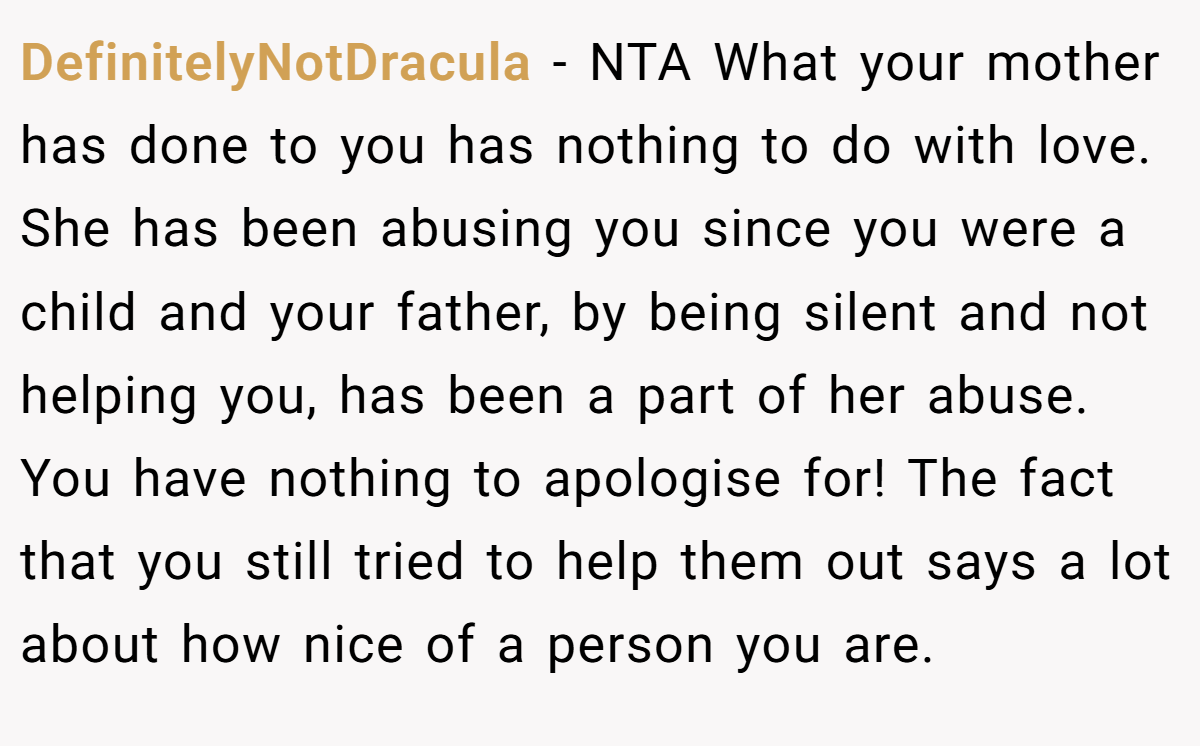 DefinitelyNotDracula - NTA What your mother has done to you has nothing to do with love. She has been abusing you since you were a child and your father, by being silent and not helping you, has been a part of her abuse. You have nothing to apologise for! The fact that you still tried to help them out says a lot about how nice of a person you are.