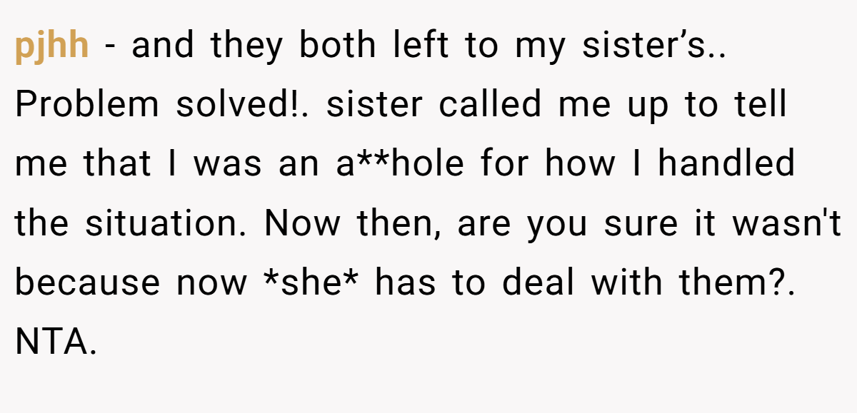 pjhh - and they both left to my sister’s.. Problem solved!. sister called me up to tell me that I was an a**hole for how I handled the situation. Now then, are you sure it wasn't because now *she* has to deal with them?. NTA.