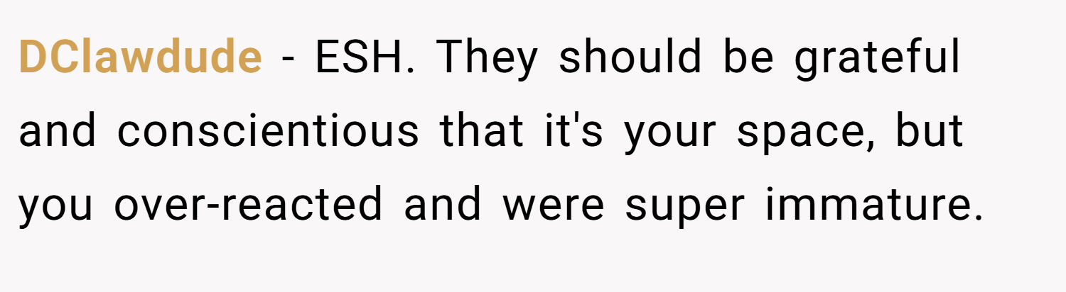 DClawdude − ESH. They should be grateful and conscientious that it's your space, but you over-reacted and were super immature.