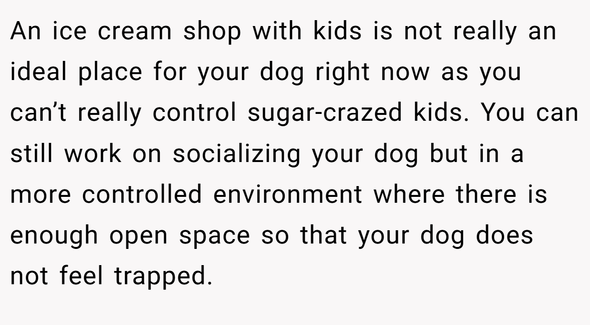 An ice cream shop with kids is not really an ideal place for your dog right now as you can’t really control sugar-crazed kids. You can still work on socializing your dog but in a more controlled environment where there is enough open space so that your dog does not feel trapped.
