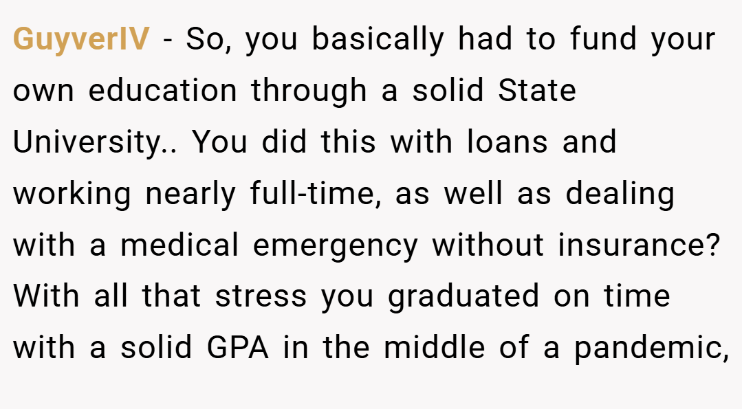GuyverIV − So, you basically had to fund your own education through a solid State University.. You did this with loans and working nearly full-time, as well as dealing with a medical emergency without insurance? With all that stress you graduated on time with a solid GPA in the middle of a pandemic,