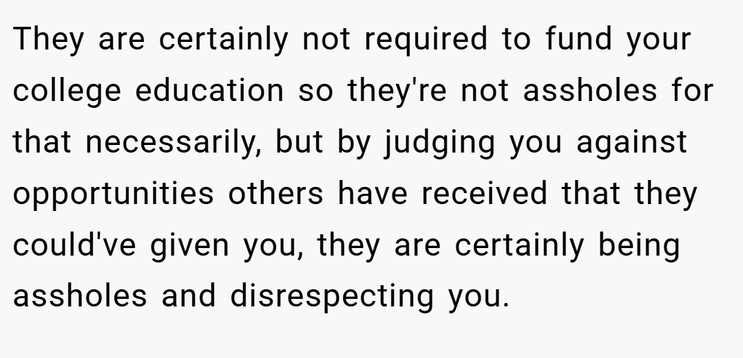 They are certainly not required to fund your college education so they're not assholes for that necessarily, but by judging you against opportunities others have received that they could've given you, they are certainly being assholes and disrespecting you.