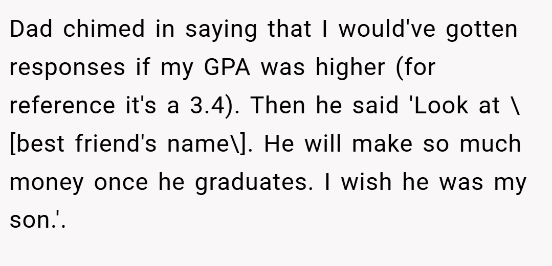Dad chimed in saying that I would've gotten responses if my GPA was higher (for reference it's a 3.4). Then he said 'Look at \[best friend's name\]. He will make so much money once he graduates. I wish he was my son.'.
