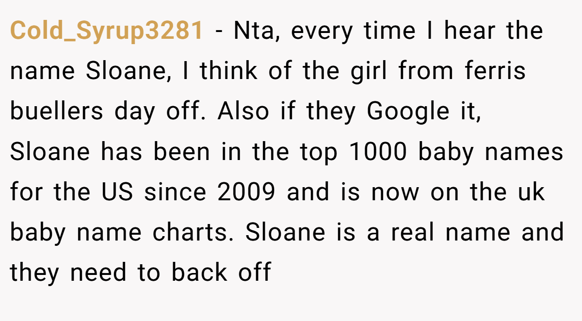 Cold_Syrup3281 - Nta, every time I hear the name Sloane, I think of the girl from ferris buellers day off. Also if they Google it, Sloane has been in the top 1000 baby names for the US since 2009 and is now on the uk baby name charts. Sloane is a real name and they need to back off